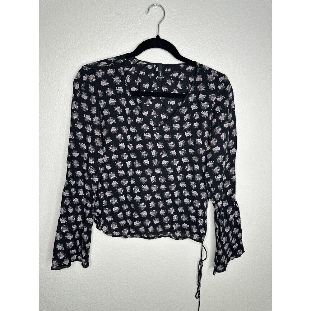J Crew Shirt Womens XS Black Floral Long Sleeve Blouse Tie Waist Lightweight